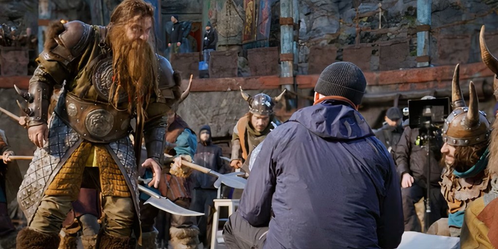 Scène de tournage du film Dragons 2025 avec les équipes techniques en action